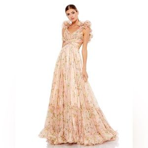 NWT Mac Duggal Spring Preview Ruffle Tiered Floral Cut-Out Chiffon Gown Pink/mlt